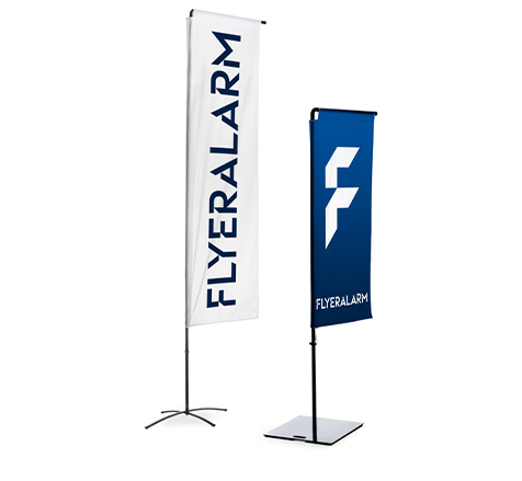 Square flags with banner arm, mechanism and print