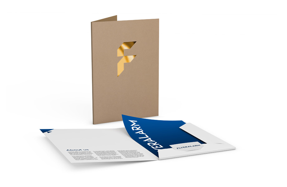 Presentation folder - two interlocking flaps, portrait, recycled paper, gold hot foil stamping